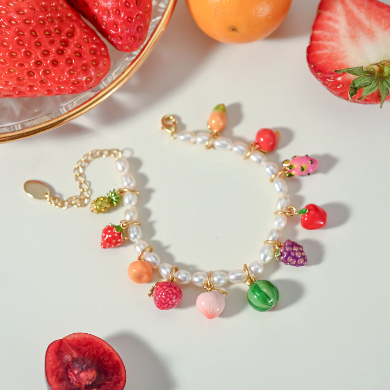 Freshwater pearl and enamel fruit bracelet