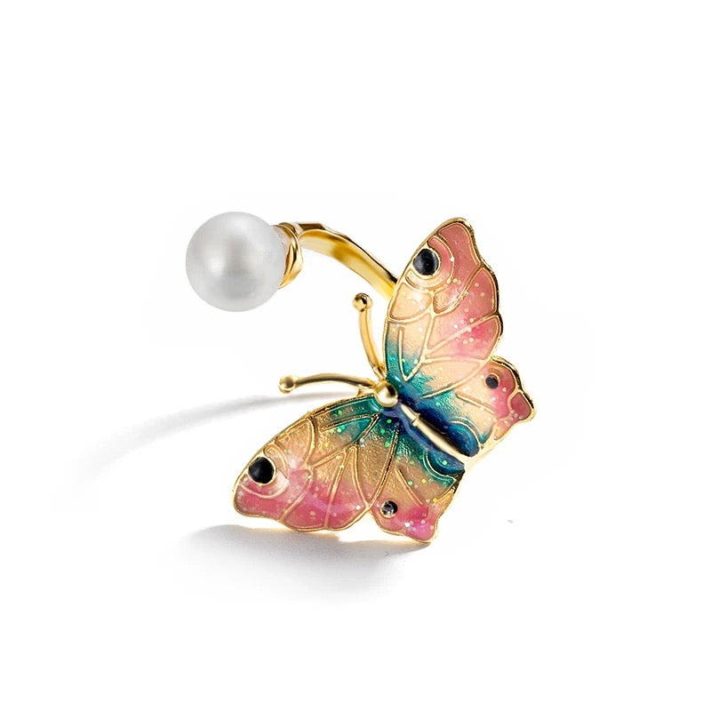 Enameled butterfly and pearl ring