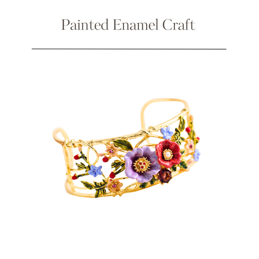Hand-painted enamel peony flower open bracelet