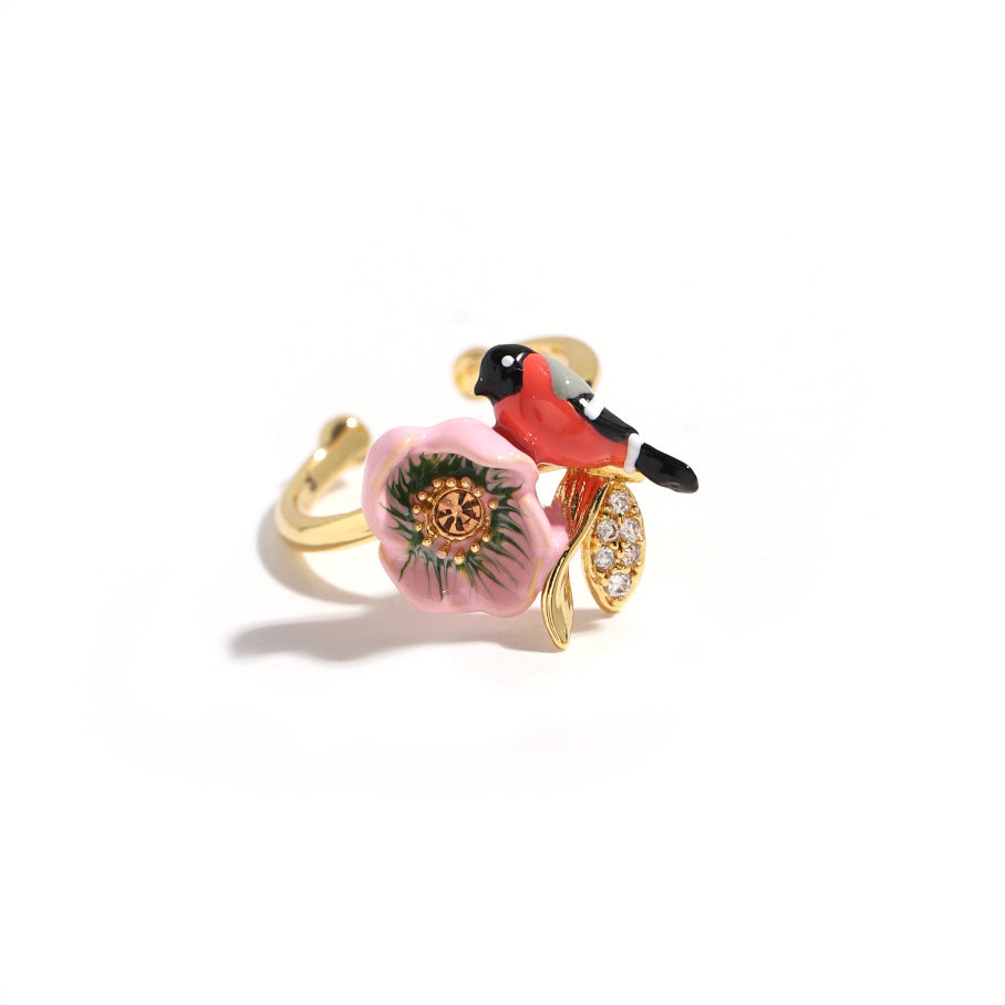 Hand Painted Pink Flower and Bird Ring