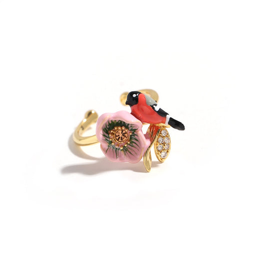 Hand Painted Pink Flower and Bird Ring