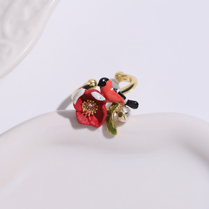 Hand Painted Red Flower and Bird Ring