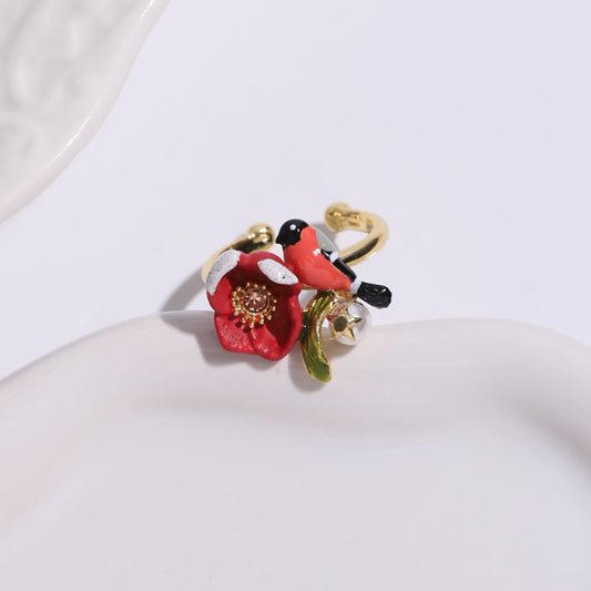 Hand Painted Red Flower and Bird Ring