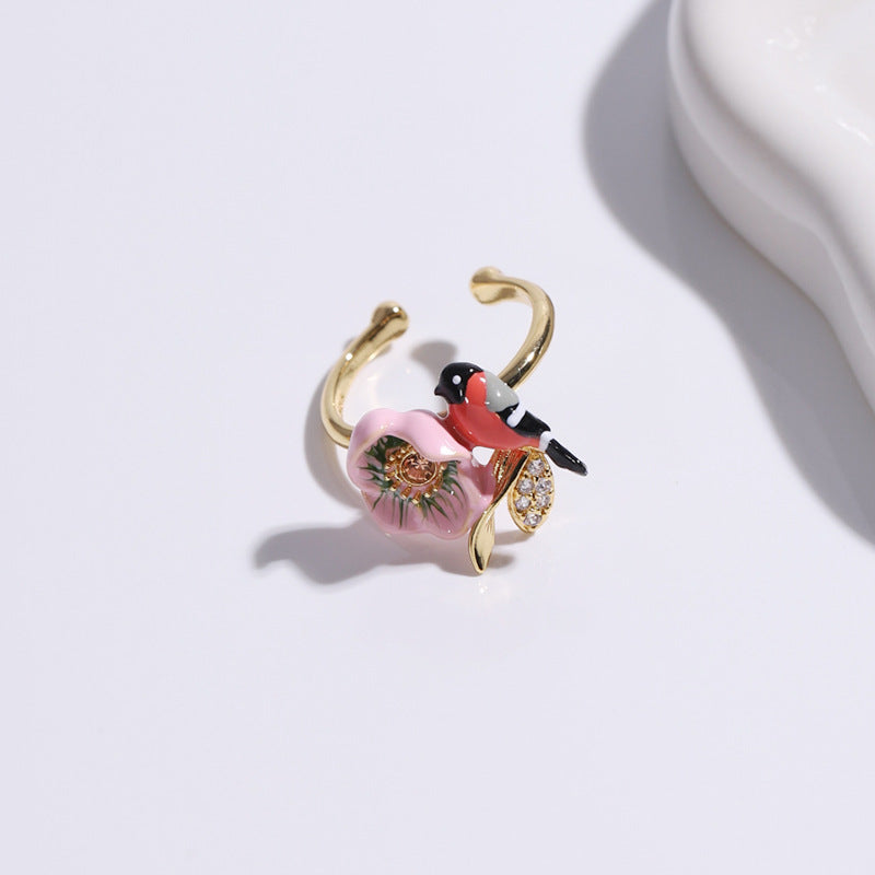 Hand Painted Pink Flower and Bird Ring
