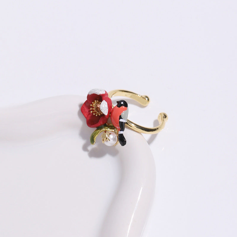 Hand Painted Red Flower and Bird Ring
