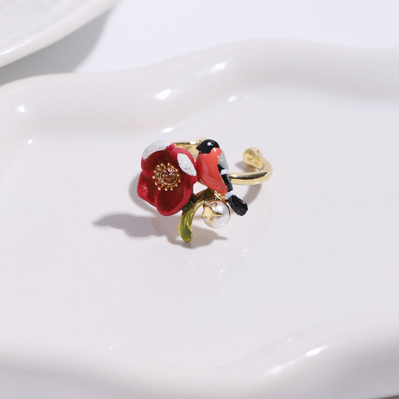 Hand Painted Red Flower and Bird Ring