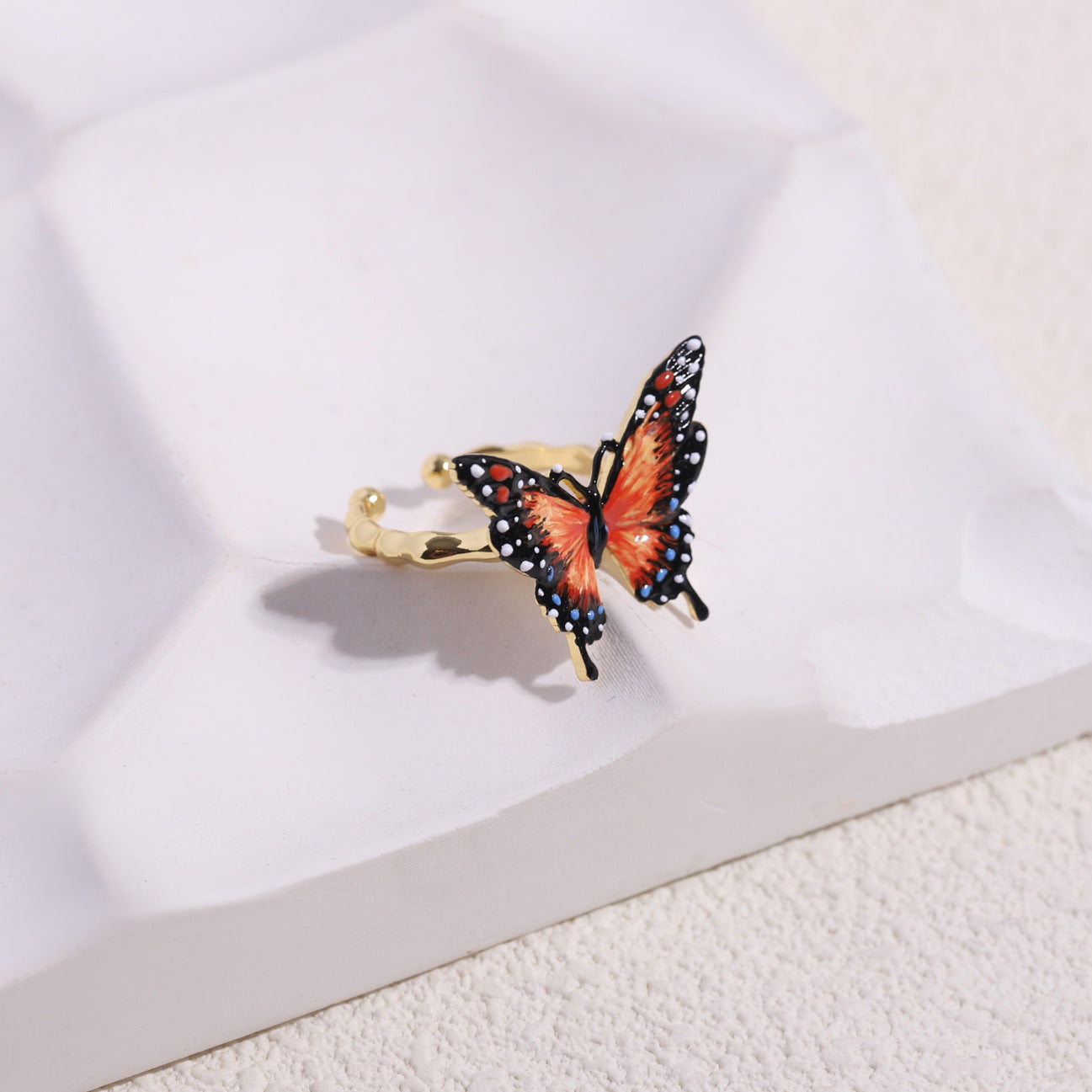 Enameled Orange Butterfly Ring