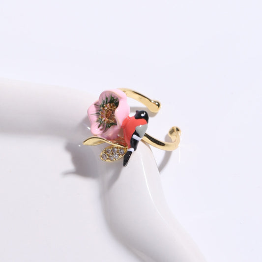 Hand Painted Pink Flower and Bird Ring