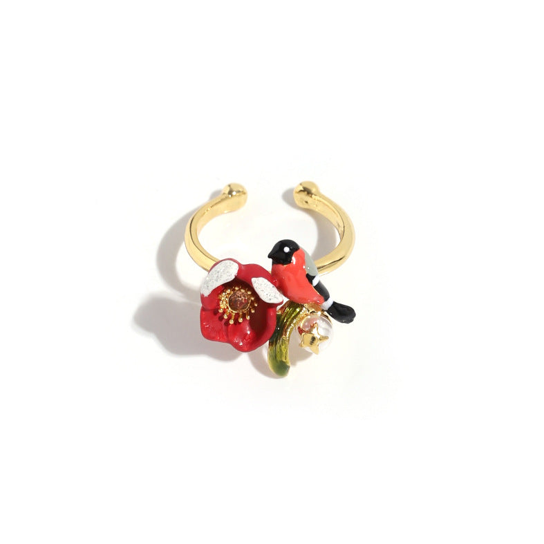 Hand Painted Red Flower and Bird Ring