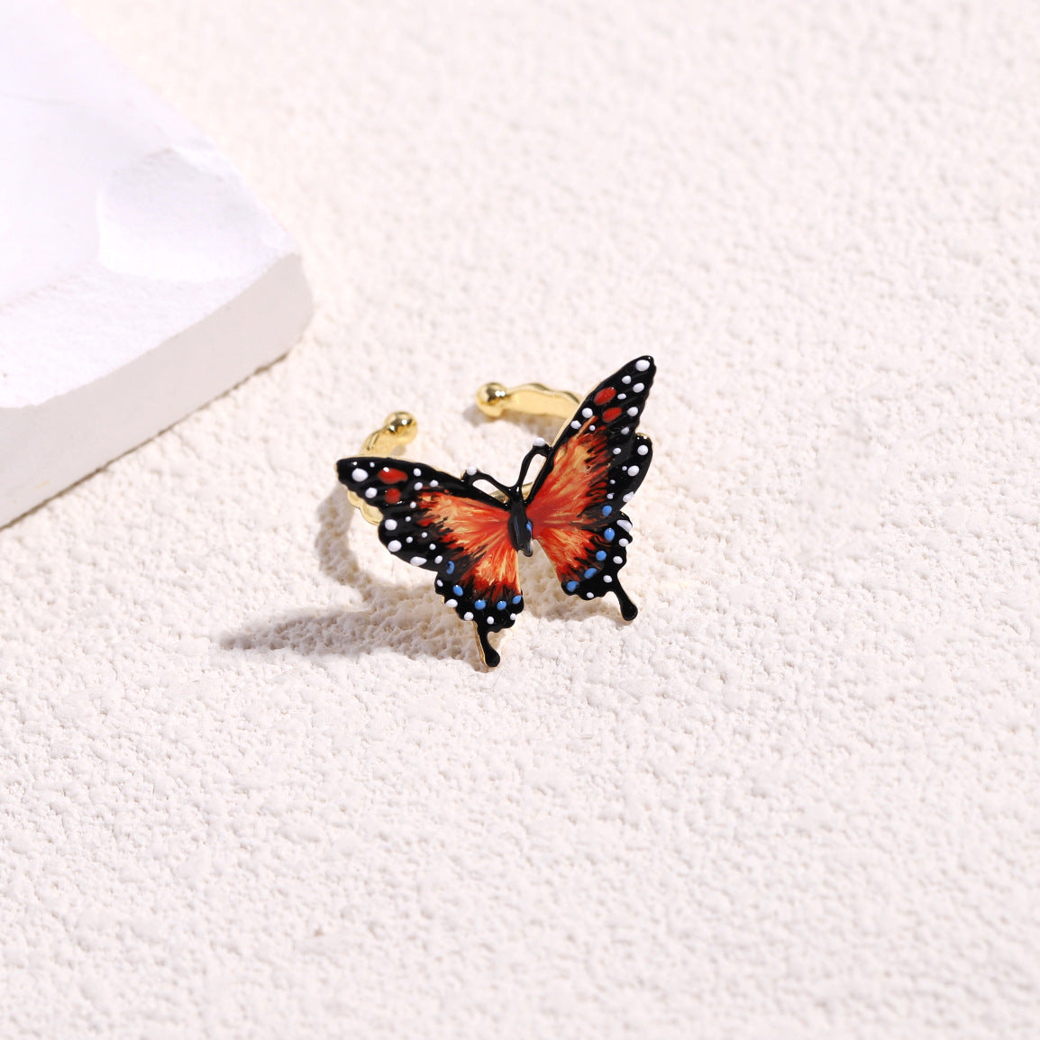 Enameled Orange Butterfly Ring