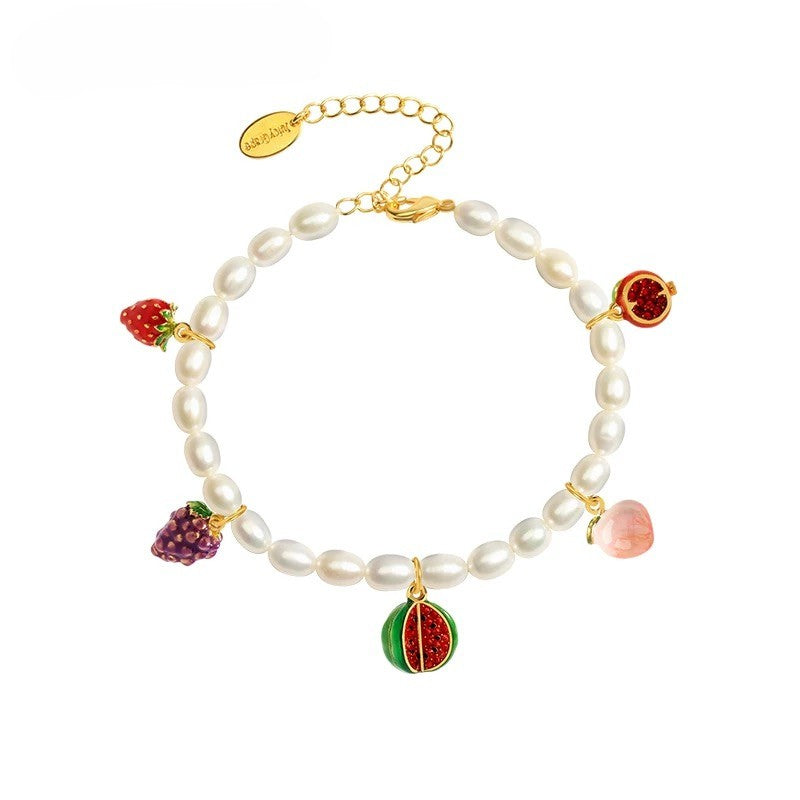 Freshwater pearl and enamel fruit bracelet