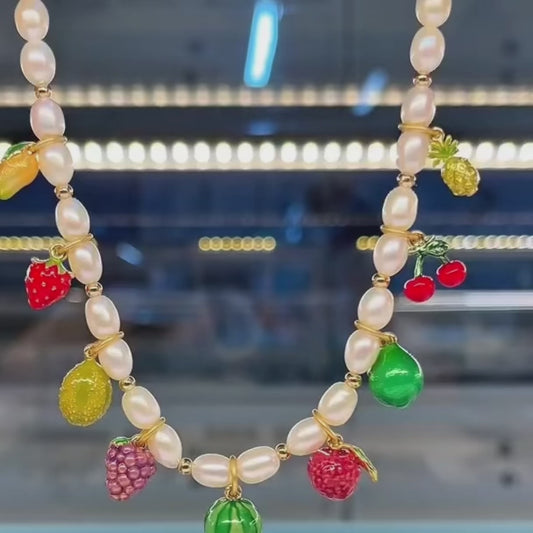 Freshwater pearl and enamel fruit bracelet